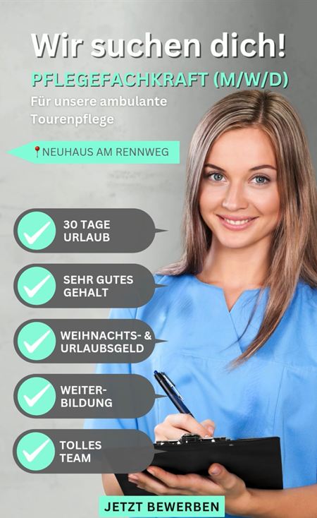 Recruiting-Anzeige: „Wir suchen dich! Pflegefachkraft (m/w/d)“ mit Vorteilen wie 30 Tage Urlaub und Weiterbildung