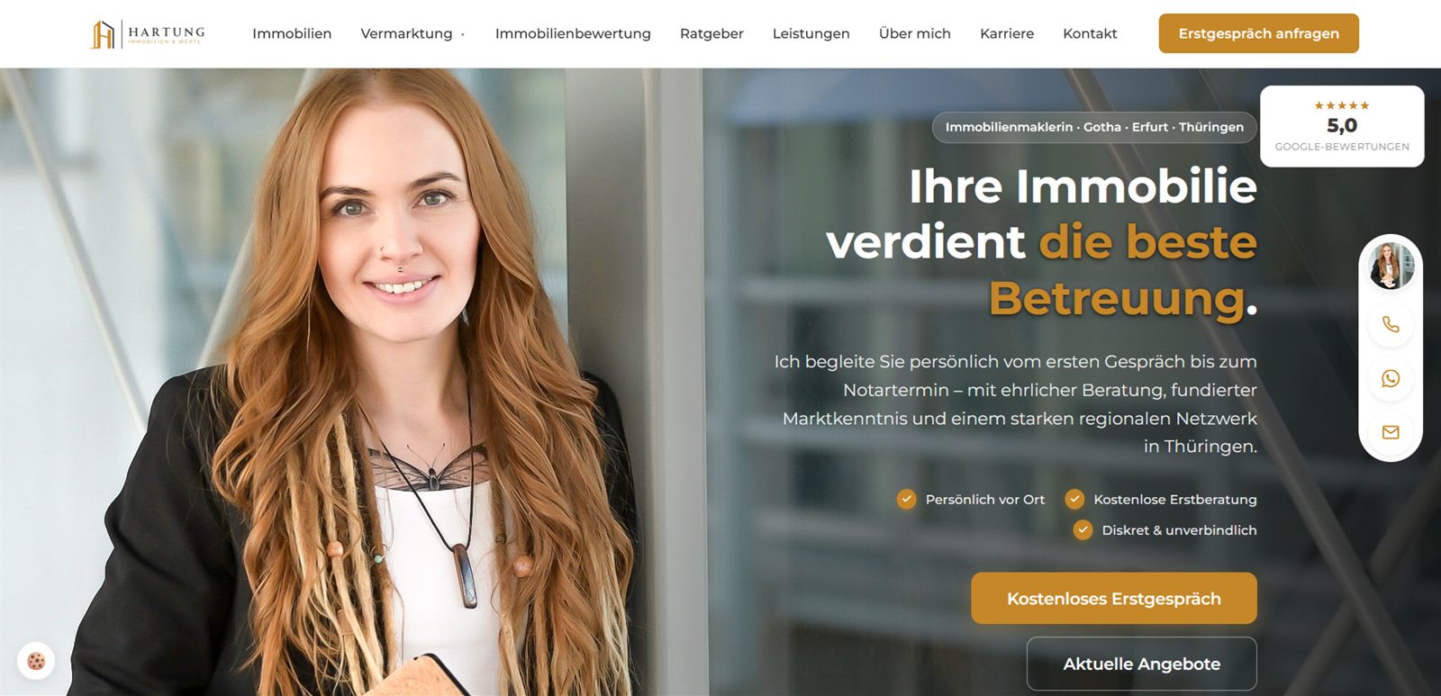 Startseite der Website von Hartung Immobilien & Werte in der Desktop-Ansicht